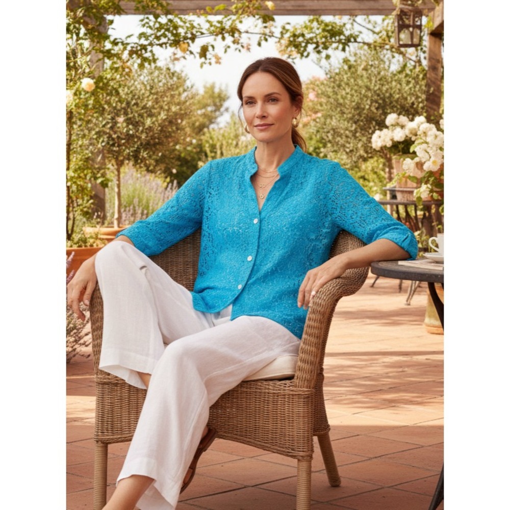 Ruby Rd 6 S Top Turquoise Blue Eyelet Button Artsy Coastal Beachy Boho Chic
